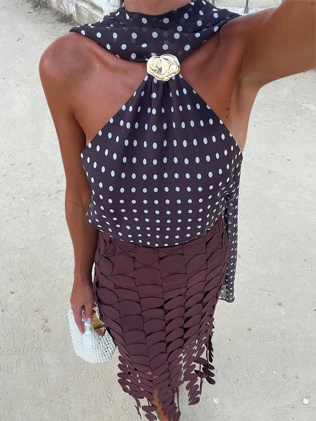 复古法式波点露背吊带休闲度假上衣，女士夏季款 - 棕色 - 查看 1