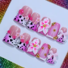 Handmade Pink Press On Nails, 3D Flowers, Zebra Print, Bows, Gold Beads, Short Square False Nails, Party, Festival, Daily Wear Summer - 玫紅色 - 查看 12