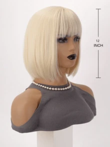 12 Inch Straight Synthetic Fiber Elegant Women's Golden Bobo Wig With Bangs, High-Density Bob Wig Suitable For Daily Wear And Parties, Party Accessories | Shoulder Length Wig | Synthetic Fiber Wig - Gold - View 6
