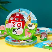 快乐农场25人份一次性餐盘、餐巾纸和杯子，农场主题派对用品，适合生日、婚礼、派对、家庭野餐 - 彩色 - 查看 3