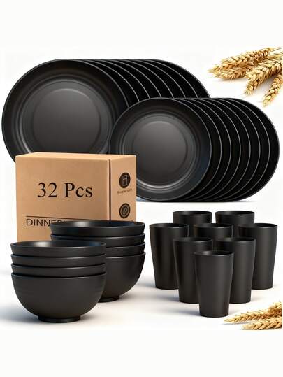 16/24/32 Teiliges Geschirr-Set - Wiederverwendbar & langanhaltend Teller, Dessertteller, Müslischalen und Becher für 4/6/8 Personen - Komplette Küchen- & Haushaltsgegenstände - Perfekt für Innen, Außen, Camping, Picknick, Wohnmobil, Partys, Familie, Restaurant Nutzung und als Geschenk