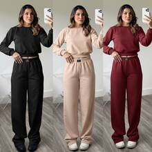 Women's Fleece Set: Long-Sleeved Cropped Sweatshirt In Fleece/Velvet Fabric (No Embroidery) + Wide-Leg Pants - Negro - Ver 5