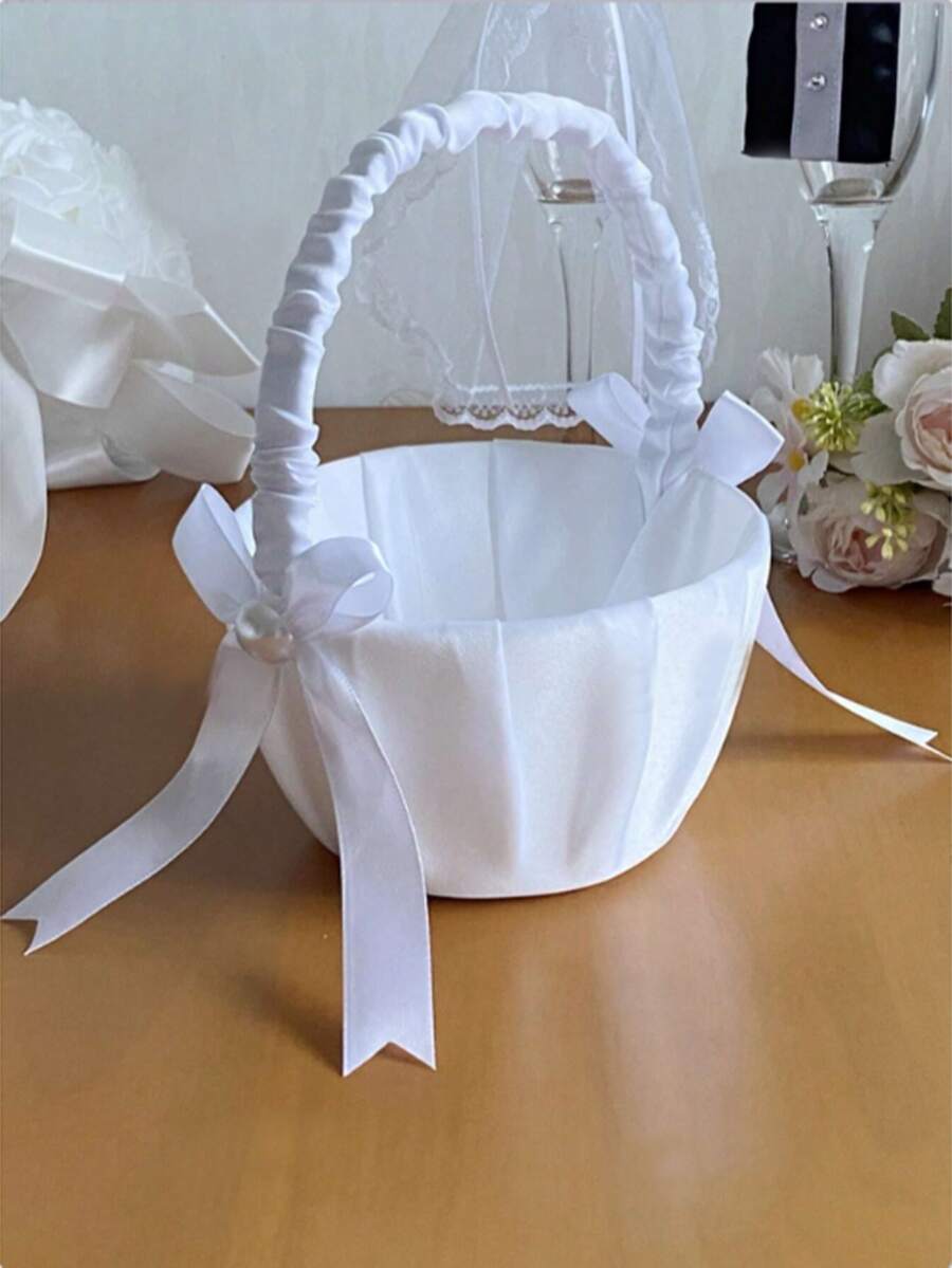 1个白色花瓣篮，缎带蝴蝶结花篮，适合婚礼 - 彩色 - 查看 1