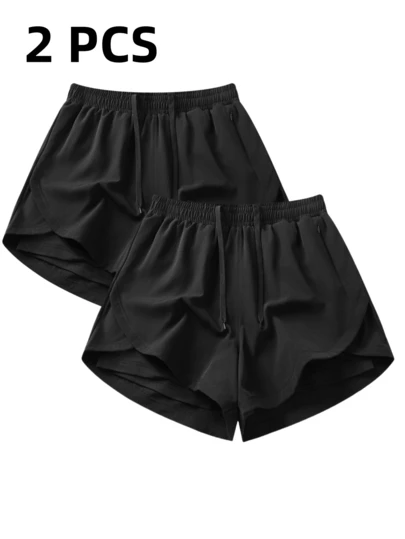 2条/套（二合一）女士运动短裤 | 速干涤纶和氨纶混纺面料 | 透气轻盈 | 可调节抽绳腰带 | 适合健身和休闲穿着 | 可机洗 | 四季皆宜，舒适运动休闲服饰 | 功能性设计短裤 | 可调节舒适短裤 | 适合健身房、瑜伽、跑步等运动