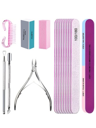 15件套专业美甲工具套装，包含100/180目指甲锉、抛光海绵、刷子、剪刀、角质层钳和推棒 - 适用于美甲沙龙、足疗和居家美甲。美甲师用品 | 专业美甲套装 |