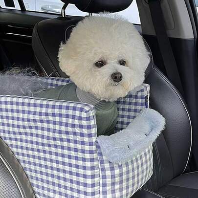1pc Square Plaid Car Center Console Pet Bed, Suitable For All Seasons, For Small/Medium Pets