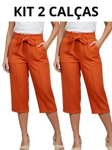 Tailored Pantacourt Trousers, Plain, High Waist, With Bow And Knot Pocket - 2條裝橘色褲子 - 查看 1