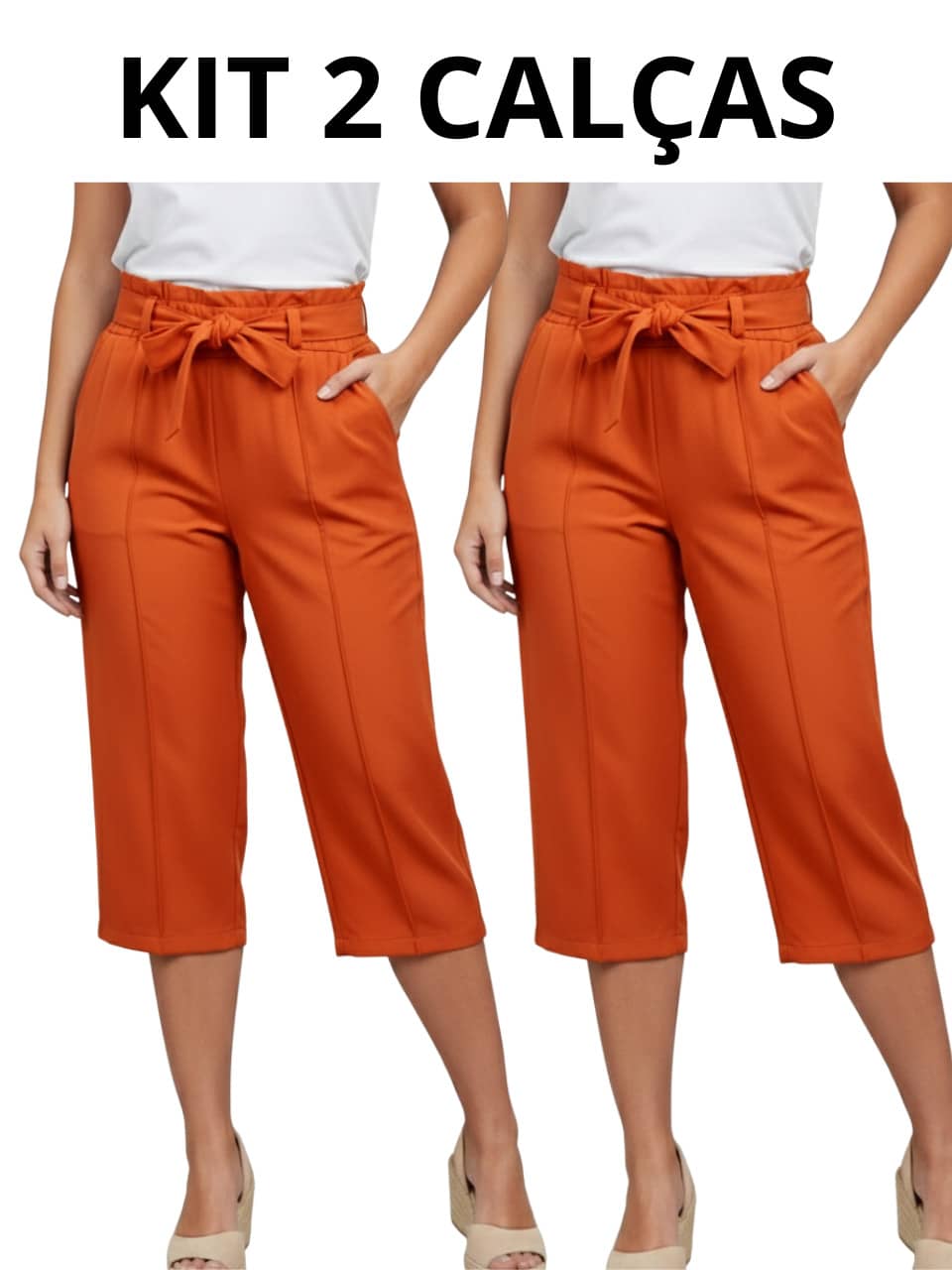 Tailored Pantacourt Trousers, Plain, High Waist, With Bow And Knot Pocket - 2條裝橘色褲子 - 查看 1