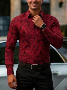 Camisa de manga larga ajustada con estampado jacquard burdeos para hombre - Rojo - Ver 3