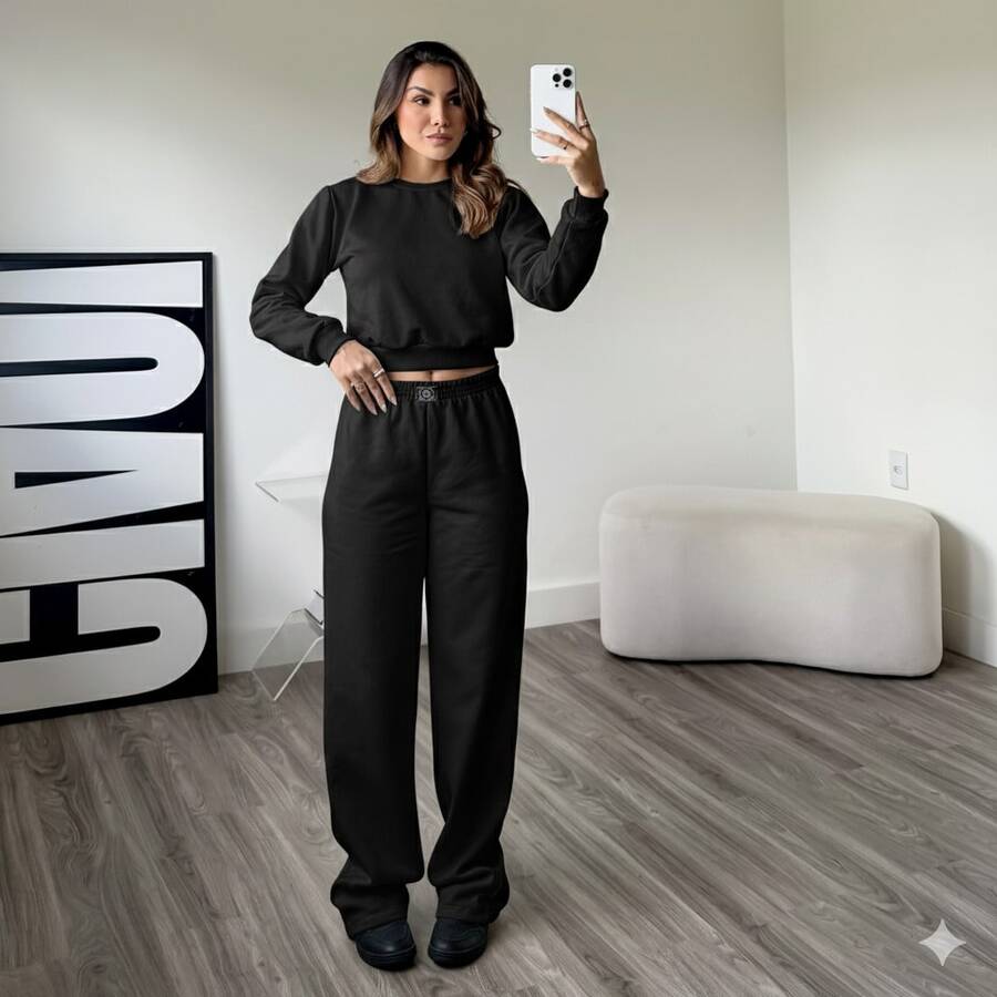 Women's Fleece Set: Long-Sleeved Cropped Sweatshirt In Fleece/Velvet Fabric (No Embroidery) + Wide-Leg Pants - Negro - Ver 1