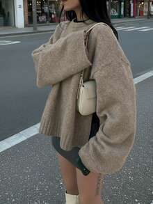 女士秋冬新款法式浪漫休闲百搭简约优雅针织毛衣上衣 - 卡其色 - 查看 1