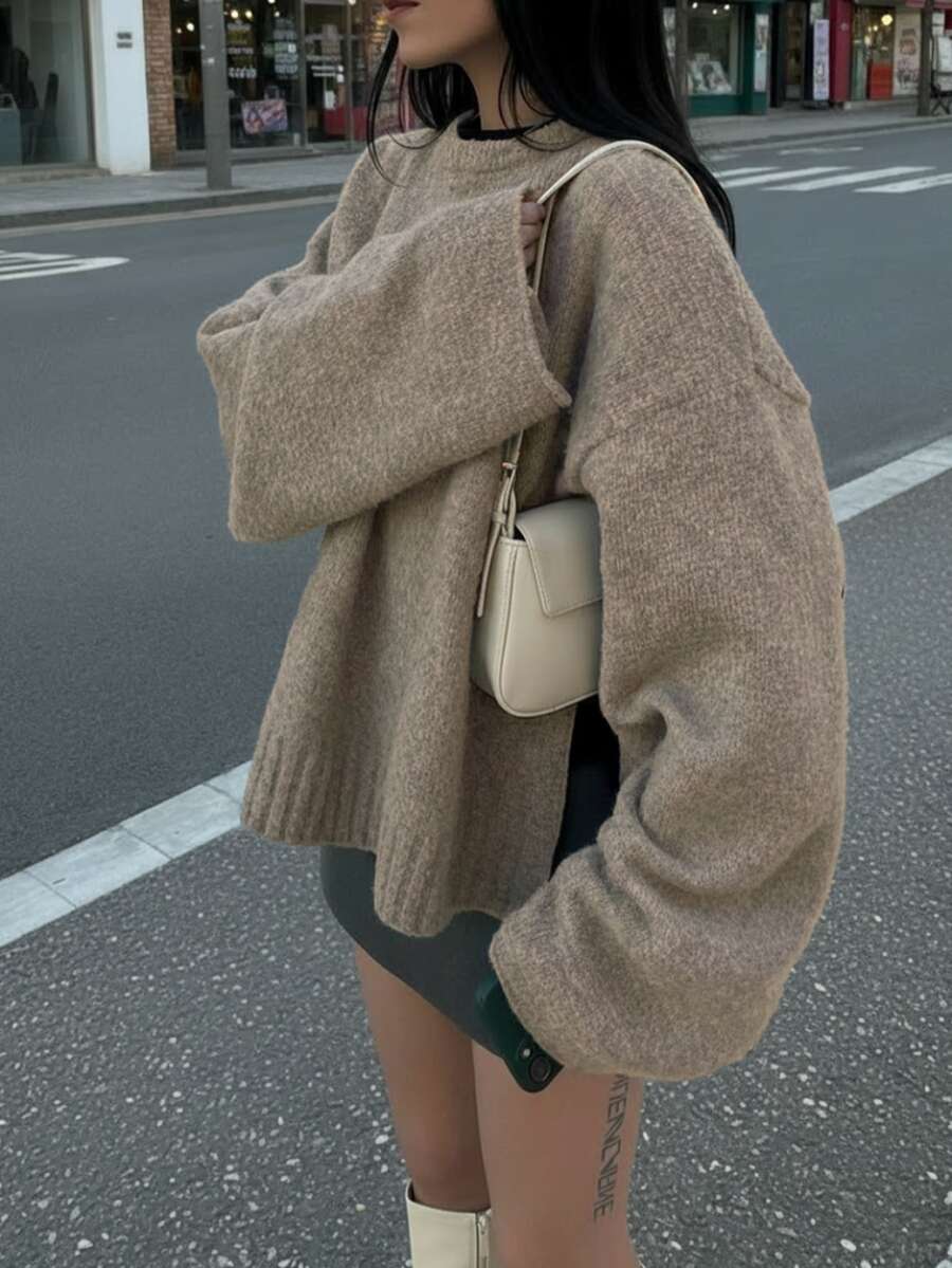 女士秋冬新款法式浪漫休闲百搭简约优雅针织毛衣上衣 - 卡其色 - 查看 1