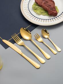 5/20/30pcs Stainless Steel Flatware Set, Smooth Line Handle Design, Suitable For Home Kitchen, Restaurant, Hotel, Wedding, Party, Holiday - Gold - View 3