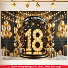 1PC,2D Flat, Black Gold 18th Birthday Party Background Banner, Polyester Fabric, Balloons, Gifts, Light String Design, Used For 18th Birthday Party Decoration, Coming Of Age Ceremony, Graduation Party, Birthday Celebration, Holiday Party, Party Decoration, Anniversary, Birthday Background Cloth, Cake Table Decoration, Wall Decoration, Home/Room/Indoor/Outdoor Decoration, Photography Background Props, Party Decoration Supplies/Gifts - Multicolor - View 9