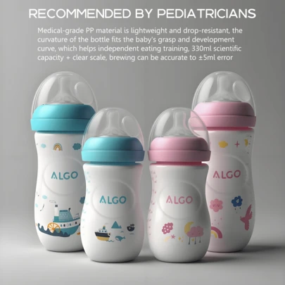 1个330毫升/260毫升/250毫升/150毫升PP材质婴儿奶瓶，弧形防摔易握设计，清晰刻度科学喂养，柔软硅胶奶嘴，可拆卸，适合新生儿礼物、圣诞礼物