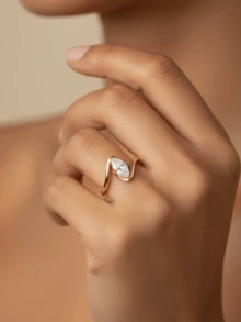 1件/套 925纯银扭纹水滴V形戒指，优雅派对/周年纪念礼物，女士珠宝 - 金色 - 查看 19