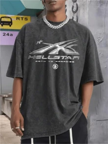 Men's Printed Pattern Washed T-Shirt - Casual Loose Summer T-Shirt With Star And Flame Design, Adult Brown 100% Pure Cotton Round Neck Shirt, Breathable T-Shirt | Avant-Garde Casual Wear | 100% Pure Cotton Printed T-Shirt - 黑色 - 查看 3