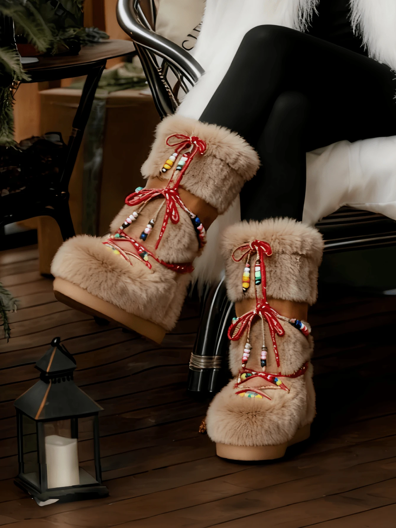 Women's Faux Fur Boots Fuzzy Fluffy Furry Snow Boots Round Toe With Lace-Up Design Cute Warm Suitable For Christmas Halloween And Winter - 駝色a - 查看 1