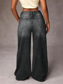 Women's Casual Denim Jeans, Spring Fashion Denim Pants Suitable For All Seasons, Wide Leg Fit, High Waist, Full Length, Casual Outdoor Pants, Simple Style, Suitable For Daily Wear, Valentine's Day Essential Women's Pants Jeans Single Item Gift - 深灰色 - 查看 4