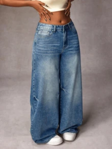 Women's Casual Denim Jeans, Spring Fashion Denim Pants Suitable For All Seasons, Wide Leg Fit, High Waist, Full Length, Casual Outdoor Pants, Simple Style, Suitable For Daily Wear, Valentine's Day Essential Women's Pants Jeans Single Item Gift - Màu xanh lam - Xem 6