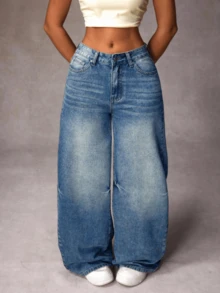 Women's Casual Denim Jeans, Spring Fashion Denim Pants Suitable For All Seasons, Wide Leg Fit, High Waist, Full Length, Casual Outdoor Pants, Simple Style, Suitable For Daily Wear, Valentine's Day Essential Women's Pants Jeans Single Item Gift - Màu xanh lam - Xem 3