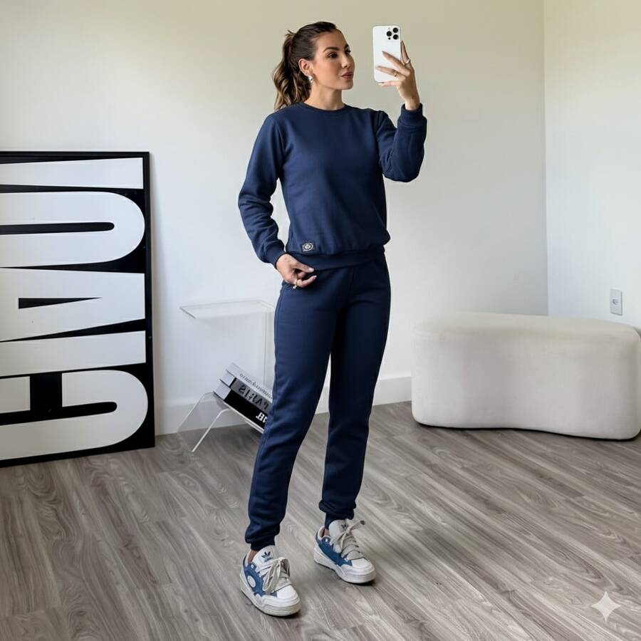 Women's Tumblr-Style Tracksuit Set, Comfortable And Warm, Aero-Style Outfit, Including A Sweatshirt And Jogger Pants. - 藏蓝色 - 查看 1