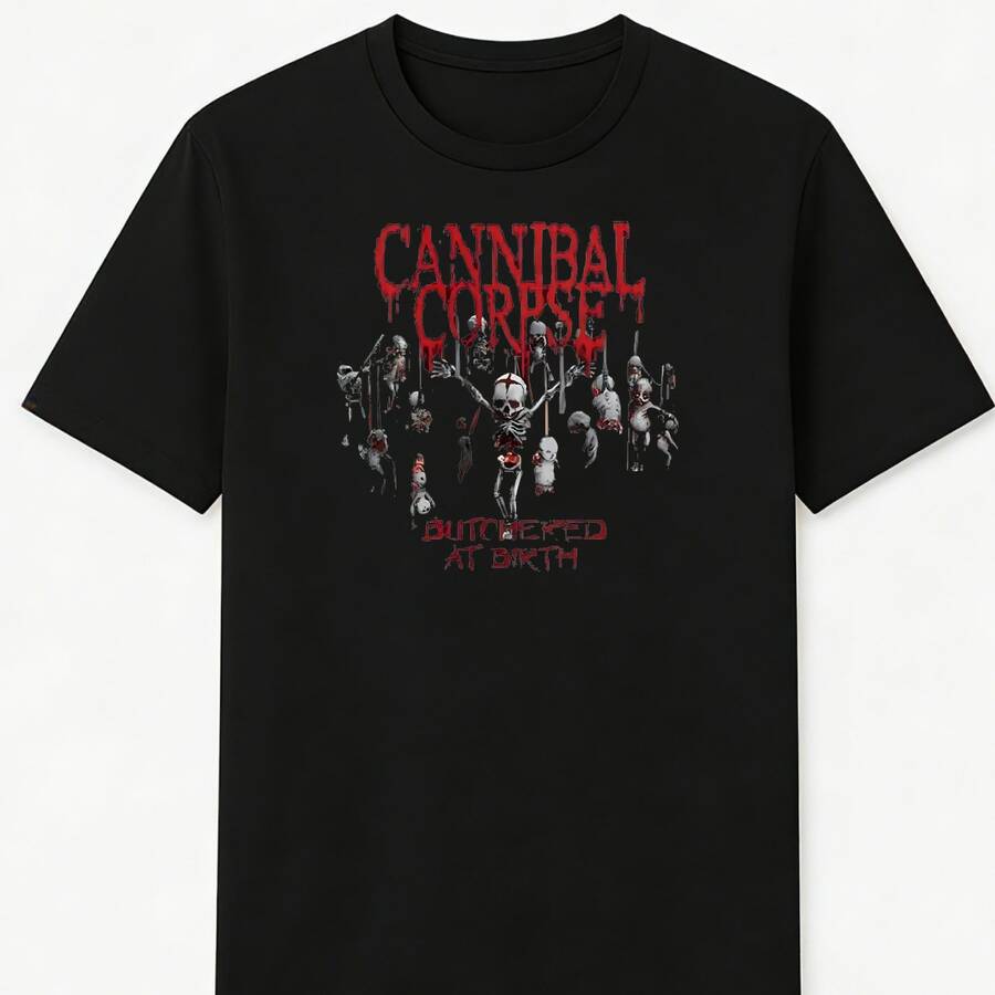 Extreme Metal Cannibal Corpse Album Art Print Crew Neck T-Shirt And Sweatshirt Distressed Design Details Short Sleeve Bold Y2k Garment Style Suitable For All Seasons Do Not Bleach For Music Festivals And Casual Wea - Black - View 1