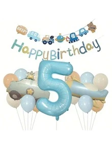 32-Inch Light Blue Matte Vintage Airplane & Car Number Balloon Set, Birthday Party Decoration, Scene Layout, Photo Props - Baby Blue - View 6