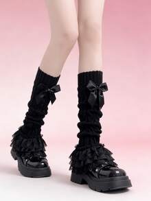 1 Pair White/Black New Lace Ruffle Bow Knit Leg Warmers, Sweet Lolita Style - Multicolor - View 4