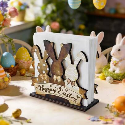 1/2 pezzi Portanapokin di Pasqua, coniglio in legno rustico con scritta "Buona Pasqua", adatto per decorazione primaverile da tavolo in stile fattoria, scatola fazzoletti, centrotavola stagionale