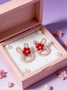 1 Pair Cute Flower Rabbit Ear Stud Earrings, Sweet Pearl Design Earrings For Girls, Lovely Fresh Style, Birthday/Holiday/Valentine's Day Gift - one-size - View 10