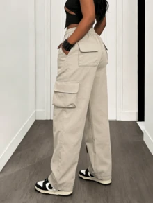 Date Night Outfit, Gifts For Her, Women's Casual Beige Cargo Pants With Elastic Drawstring Waist And Multi-Pocket Design For Streetwear, Daily Wear - 灰色 - 查看 4