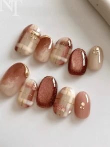 10pcs Handmade Press-On Nails, Short Oval Shape, Red, Vintage Soft Style, Nude Pink Ombre With Gray Rose Cat Eye Glitter, Hand-Painted Plaid Pattern, 3D Golden Bow, Cute & Simple Press-On Nail Stickers, Suitable For Women And Girls, Wear For Spring, Summer, Autumn, Winter, Parties And Daily - Multicolor - View 3