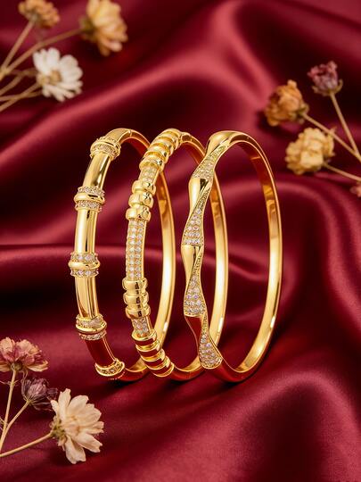 3/1pc - Three Unique Copper Bracelets Inlaid With Zirconia, Featuring Multiple Designs With Zirconia Accents, Exuding Understated Luxury And Sophistication, Perfect For Various Occasions And Sure To Turn Heads.