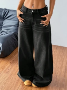 Women's Casual Denim Jeans (Couple Style - Wide Leg Pants), Spring Fashion Denim Pants Suitable For All Seasons, Oversized Charcoal Gray, High Waist, Full Length, Casual Outdoor Pants, Multi-Functional Daily Wear, Valentine's Day Essential Women's Fashion Jeans Single Item Gift, Suitable For Family Leisure, Slimming For Teenagers To Adults, Minimalist Design, Durable Jeans - 黑色*昇級旗艦款 - 查看 7