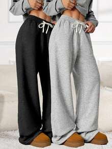 1pc Women's Casual Sports Pants, Loose Straight Leg Silhouette With Drape Effect, Suitable For Loungewear And Outdoor Activities, Can Be Gifted To Couples, Made Of 100% Polyester, With Drawstring Waistband For Adjustability, Available In Multiple Colors