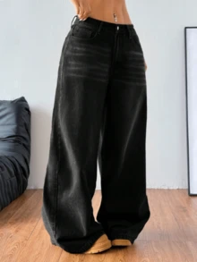 Women's Casual Denim Jeans (Couple Style - Wide Leg Pants), Spring Fashion Denim Pants Suitable For All Seasons, Oversized Charcoal Gray, High Waist, Full Length, Casual Outdoor Pants, Multi-Functional Daily Wear, Valentine's Day Essential Women's Fashion Jeans Single Item Gift, Suitable For Family Leisure, Slimming For Teenagers To Adults, Minimalist Design, Durable Jeans - 黑色*昇級旗艦款 - 查看 6
