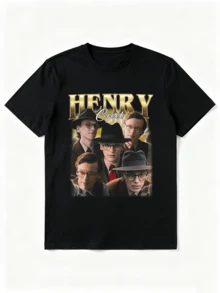 ヴィンテージ ヘンリー クリール クルーネック プリント メンズファッション 半袖スポーツTシャツ、快適で多用途、 - ブラック - チェックする 1