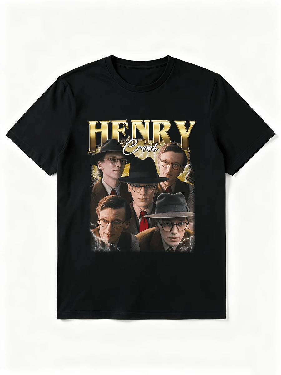 ヴィンテージ ヘンリー クリール クルーネック プリント メンズファッション 半袖スポーツTシャツ、快適で多用途、 - ブラック - チェックする 1