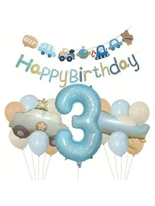 32-Inch Light Blue Matte Vintage Airplane & Car Number Balloon Set, Birthday Party Decoration, Scene Layout, Photo Props - Baby Blue - View 2