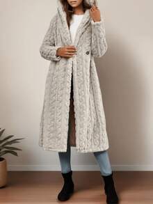 Women's Casual Long Sleeve Collar Hooded Fleece Trench Coat With Textured Fabric Detail - 杏色(材質升級款) - 查看 3