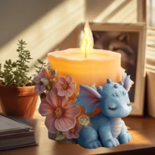 1个可爱大耳朵龙扛着玫瑰柱形硅胶蜡烛模具，DIY害羞小龙戴花耳环造型蜡烛模具，适用于树脂、石膏、粘土、混凝土，可用于工艺品、礼品、家居装饰，适用于各种节日 - 白色 - 查看 8