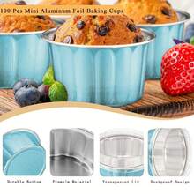 20个/10套加厚烘焙蛋糕锡箔杯，空气炸锅专用蛋糕杯，粉色和蓝色带盖一次性布丁锡箔杯，纸杯蛋糕布丁甜点容器，适用于节日、主题派对、婚礼、生日、家庭烘焙、聚会、宴会 - 彩色 - 查看 9