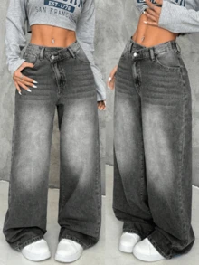 Women's Casual Denim Jeans (Couple Style - Wide Leg Pants), Spring Fashion Denim Pants Suitable For All Seasons, Oversized Charcoal Gray, High Waist, Full Length, Casual Outdoor Pants, Multi-Functional Daily Wear, Valentine's Day Essential Women's Fashion Jeans Single Item Gift, Suitable For Family Leisure, Slimming For Teenagers To Adults, Minimalist Design, Durable Jeans - Gray* Upgraded Flagship Model - View 1