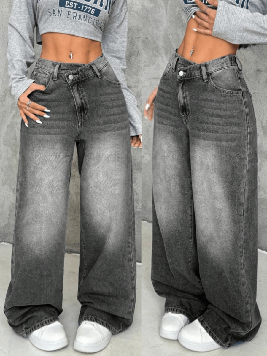 Women's Casual Denim Jeans (Couple Style - Wide Leg Pants), Spring Fashion Denim Pants Suitable For All Seasons, Oversized Charcoal Gray, High Waist, Full Length, Casual Outdoor Pants, Multi-Functional Daily Wear, Valentine's Day Essential Women's Fashion Jeans Single Item Gift, Suitable For Family Leisure, Slimming For Teenagers To Adults, Minimalist Design, Durable Jeans - Gray* Upgraded Flagship Model - View 1