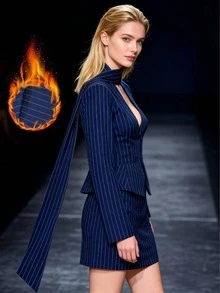 春夏优雅女士两件套，新年商务派对必备单品，包含一件纽扣前开襟休闲西装外套和一条铅笔裙，采用无弹力面料，打造休闲别致的V领条纹两件套，不透明纯色，优雅休闲，适合办公室日常穿着、机场街拍，四季皆宜。 - 藏蓝色 - 查看 3