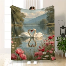 1pc French Oil Painting Floral Swan Throw Blanket - Soft Flannel All-Season Cozy Bedspread With  Lake & Floral Scene, 2D Flat Design For Living Room, Bedroom, Guest Room Decor - Holiday HomChristmas Theme, 2D Flat, Bedroom Accessory, Cottage - 如圖所示 - 查看 1