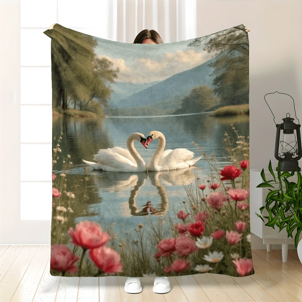 1pc French Oil Painting Floral Swan Throw Blanket - Soft Flannel All-Season Cozy Bedspread With  Lake & Floral Scene, 2D Flat Design For Living Room, Bedroom, Guest Room Decor - Holiday HomChristmas Theme, 2D Flat, Bedroom Accessory, Cottage - 如圖所示 - 查看 1
