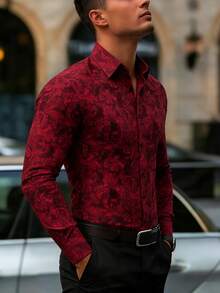 Camisa de manga larga ajustada con estampado jacquard burdeos para hombre - Rojo - Ver 4
