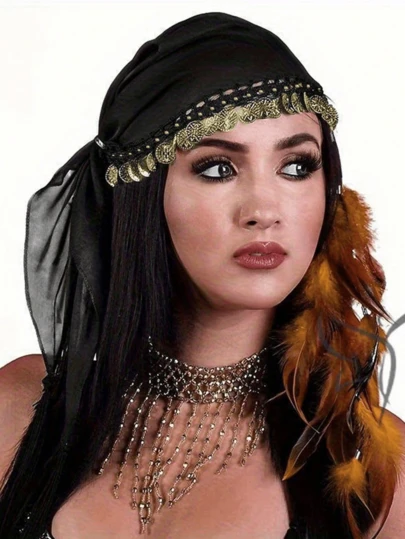 1 Pc Head Scarf - Fortune Teller Head Scarf, Fortune Teller Accessories, Boho Chic Accessory, Vintage Head Scarfs With Gold Coin, Fancy Dress Up Accessories, Lightweight Headkerchief